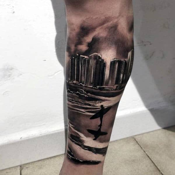 City Sky Line And Surf Tattoo Male Forearms