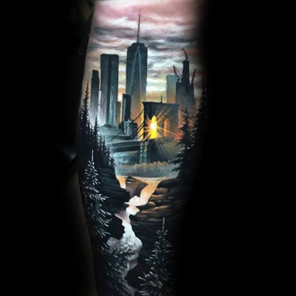 Realistic tattoo blending nature and cityscape, with a glowing sunrise between skyscrapers and forest, symbolizing contrast and connection.