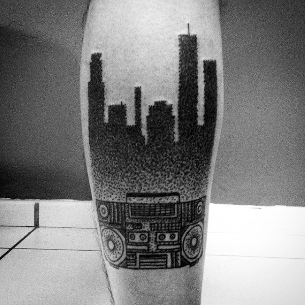 City Skyline Dotwork Male Boombox Tattoo On Back Of Leg