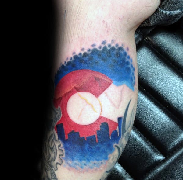 City Skyline Mens Colorado Flag Leg Calf Tattoos