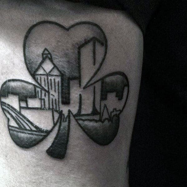 City Skyline Shamrock Thigh Tattoos For Guys