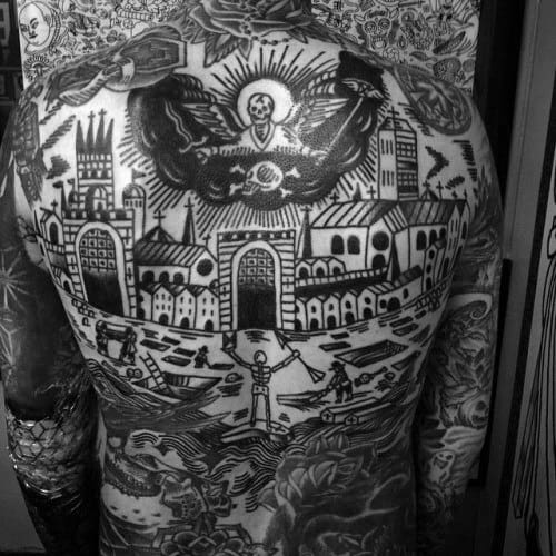 City Skyline Traditional Back Male Tattoos