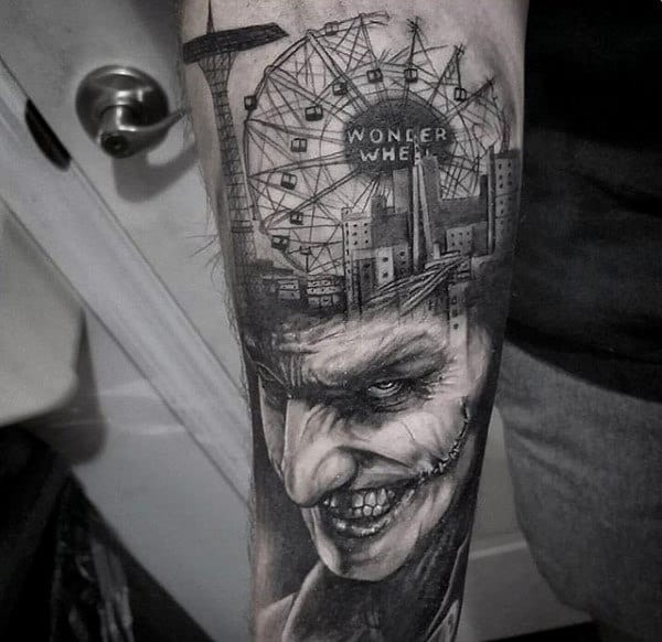 City Skyline With Joker Mens Inner Forearm Tattoos