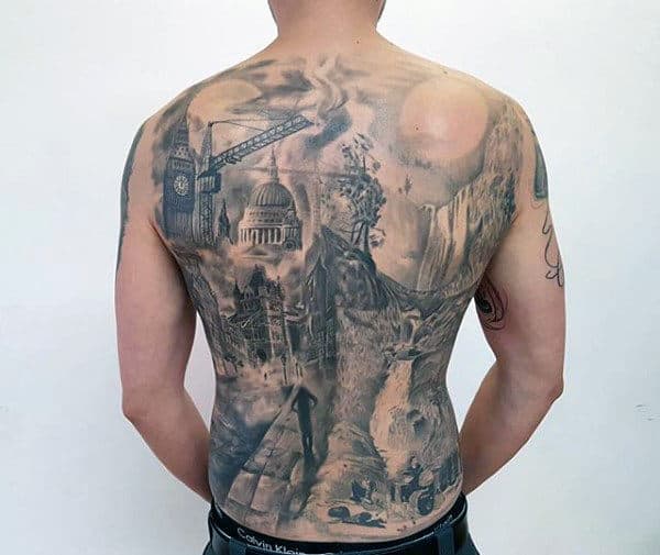 City Skyline With Waterfall Crazy Mens Back Tattoos