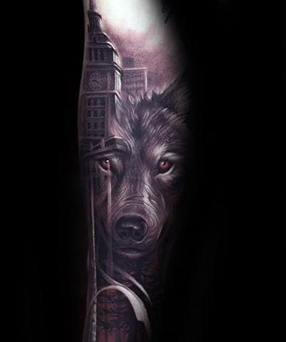 City Skyline With Wolf Mens Realistic Forearm Tattoo Design Ideas