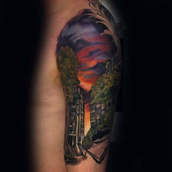 City Street Half Sleeve Mens Sky Tattoo Design Ideas