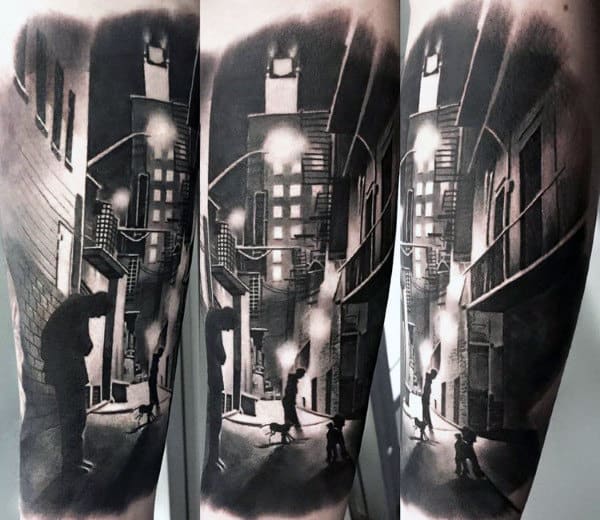 City Street Mens Building Forearm Sleeve Tattoo Ideas