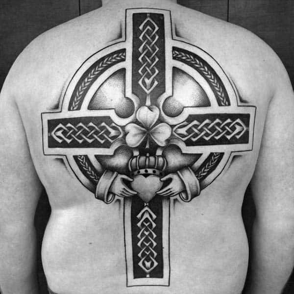 Claddagh Cross Guys Full Back Tattoo Designs