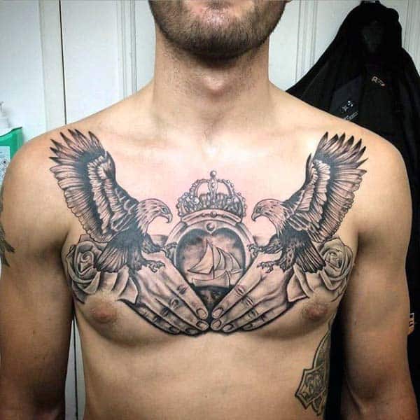 Claddagh Irish Guys Birds Upper Chest Tattoos