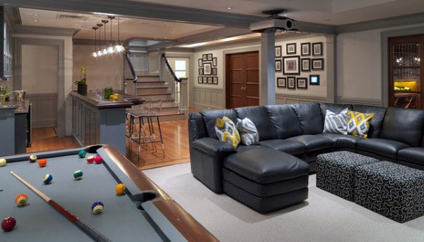 classic basement remodel design black leather couch billiards table 