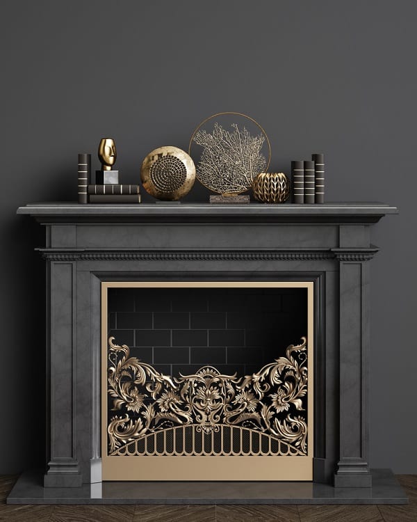 classic gray fireplace mantel decor with gold accents