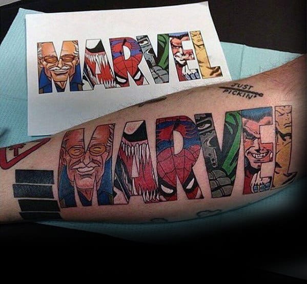 Classic Marvel Logo With Superheros Mens Leg Tattoo