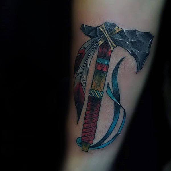 Classic Native American Indian Tomahawk Tattoo With Colorful Ink For Men