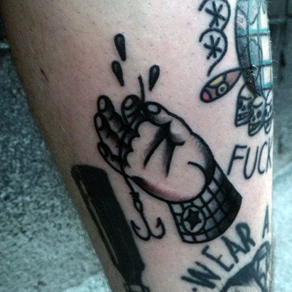 Classic Traditional Black Ink Fish Hook With Hand Holding Line Tattoo For Men