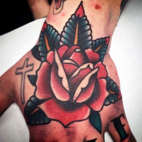 Classic Traditional Rose Flower Hand Tattoos For Men