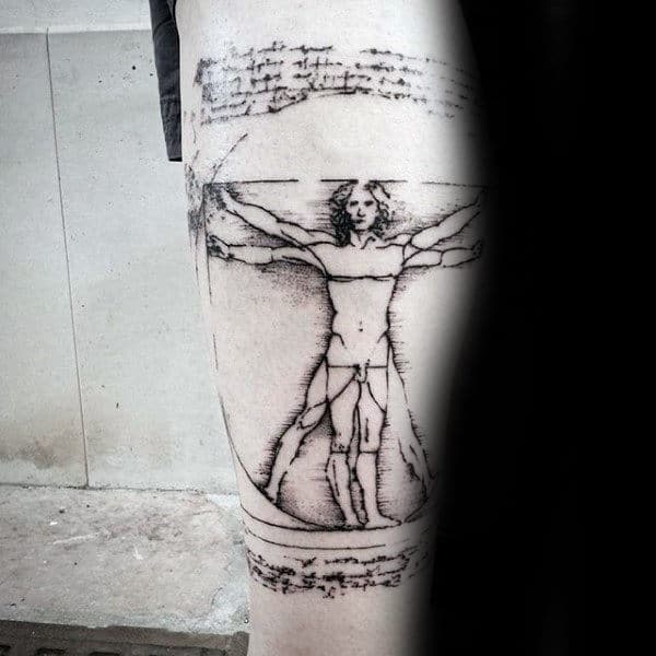 Classic Vitruvian Man Tattoo On Guys Forearms