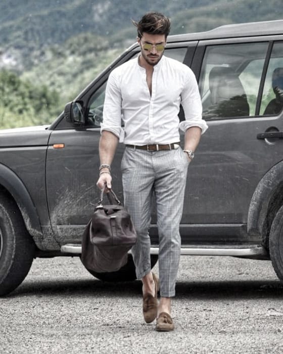 Classy Male Business Casual Outfits Styles White Dress Shirt With Grey Pants