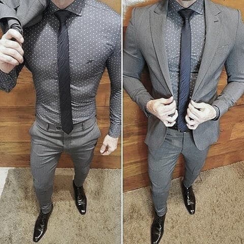 Classy Male Charcoal Grey Suit Black Shoes With Polda Dot Dress Shirt Styles