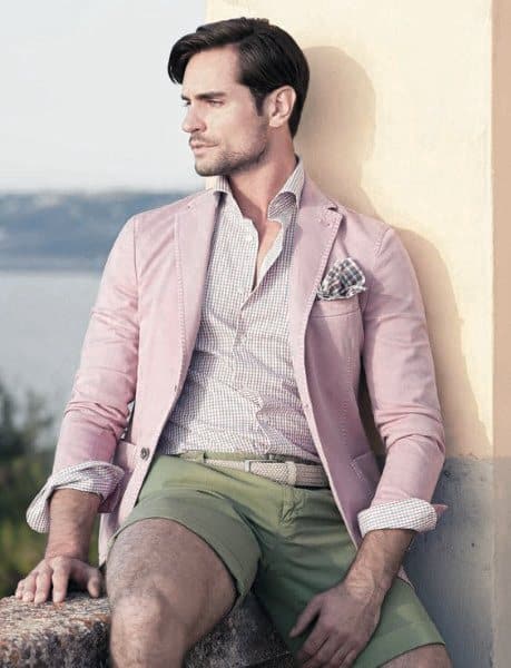 Classy Male Summer Outfits Styles Pink Blazer With Green Shorts