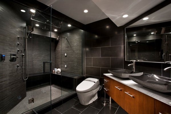 Modern bathroom with glass shower, toilet, and double sink vanity with dark tiles