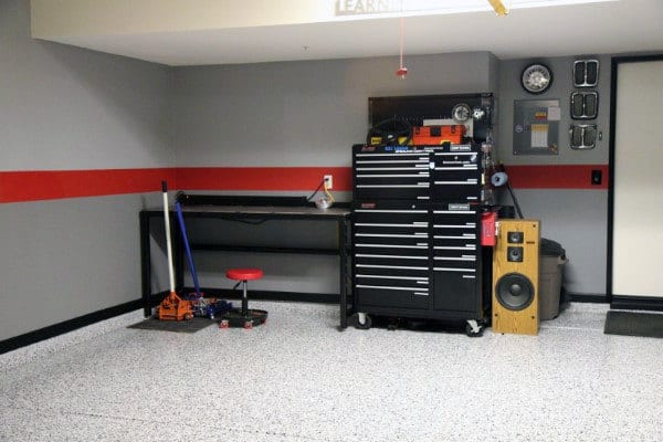 Clean Garage Wall Paint Ideas With Grey Color And Single Contrasting Red Center Stripe