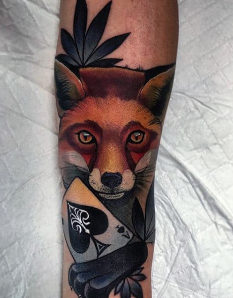 Clear Eyed Fox With Ace Card Tattoo Guys Forearms