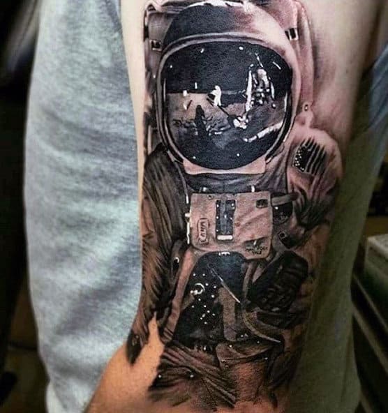 Clear Grey Black Astronaut Reflection Tattoo Guys Forearms