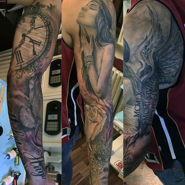 Full sleeve tattoo with clock, woman, and winged figure on person's arm in red tank top