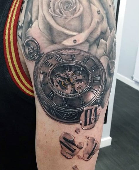 Clock And Roses Tattoo For Men