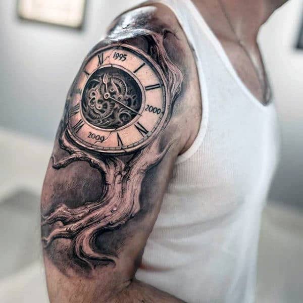 Clock And Tree Branch Steampunk Tattoo Mens Arm