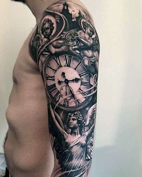 Clock Black Ink Mens Full Sleve Tattoos