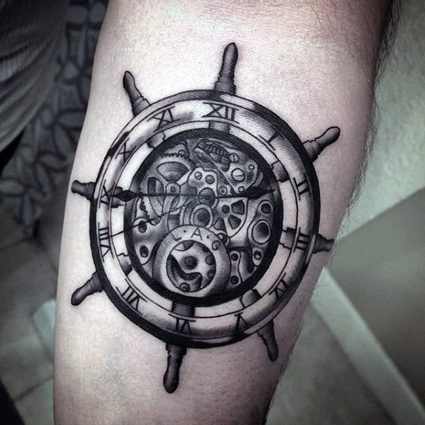 Clock Ship Wheel Design Mens Tattoos