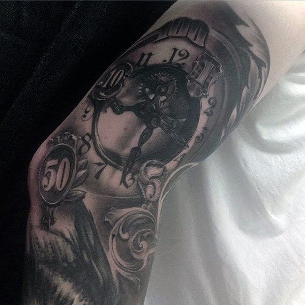 Clock With Currency Numbers Filigree Mens Sleeve Tattoos