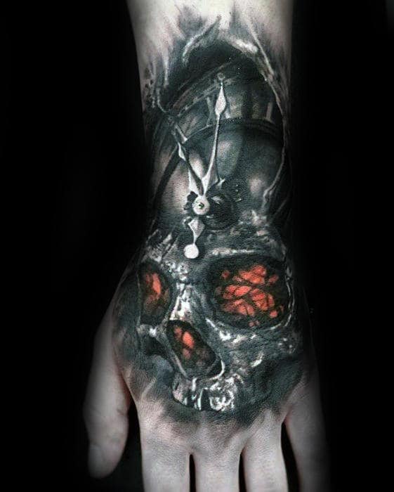A hand with a detailed skull and clock tattoo, featuring glowing red eyes