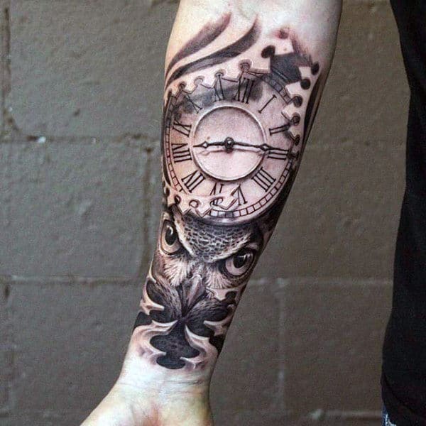 Clock With Owl Inner Forearm Mens Tatoos