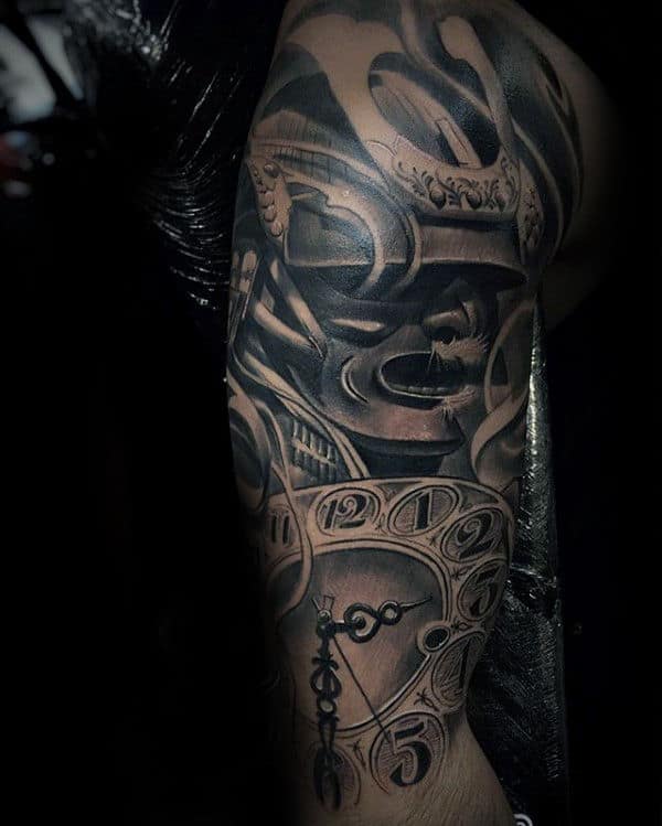 Clock With Samurai Helmet Mens Sleeve Tattoos