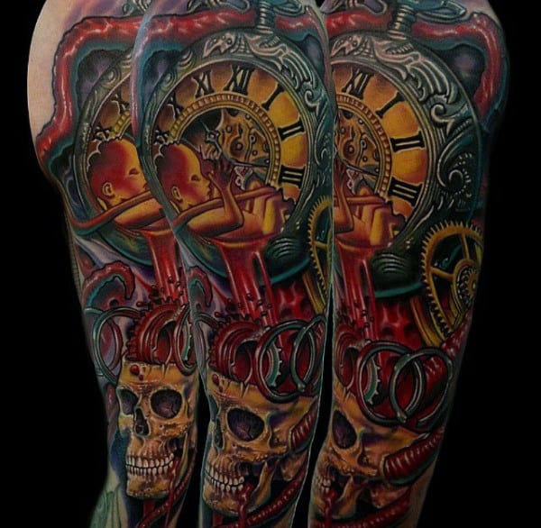Clock With Skull Full Sleeve Modern Tattoos For Men