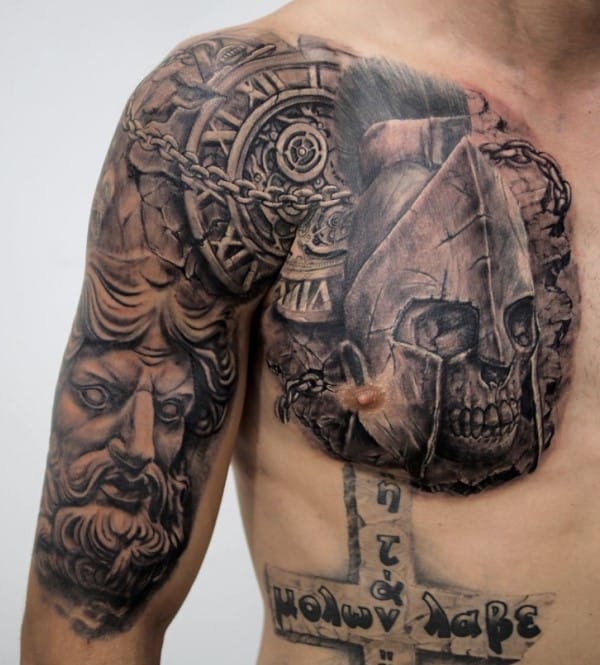 Clock With Skull Warrior Stone Guys Chest Tattoos
