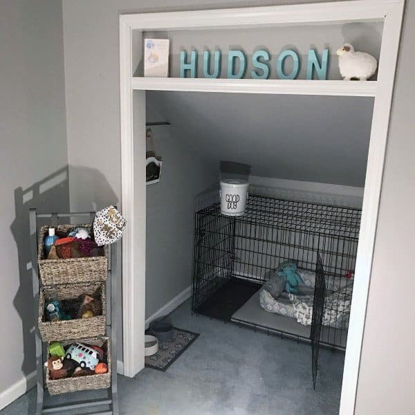 closet dog house cage food bowls 
