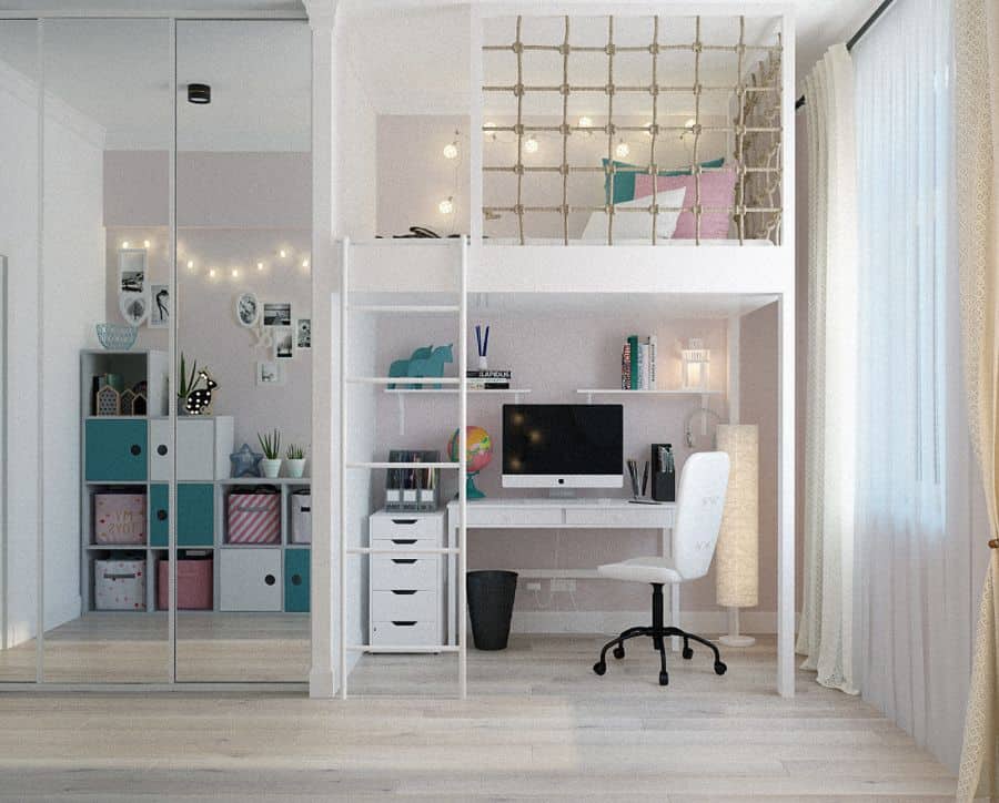 Modern bedroom with loft bed, office desk below, and mirrored closet doors.