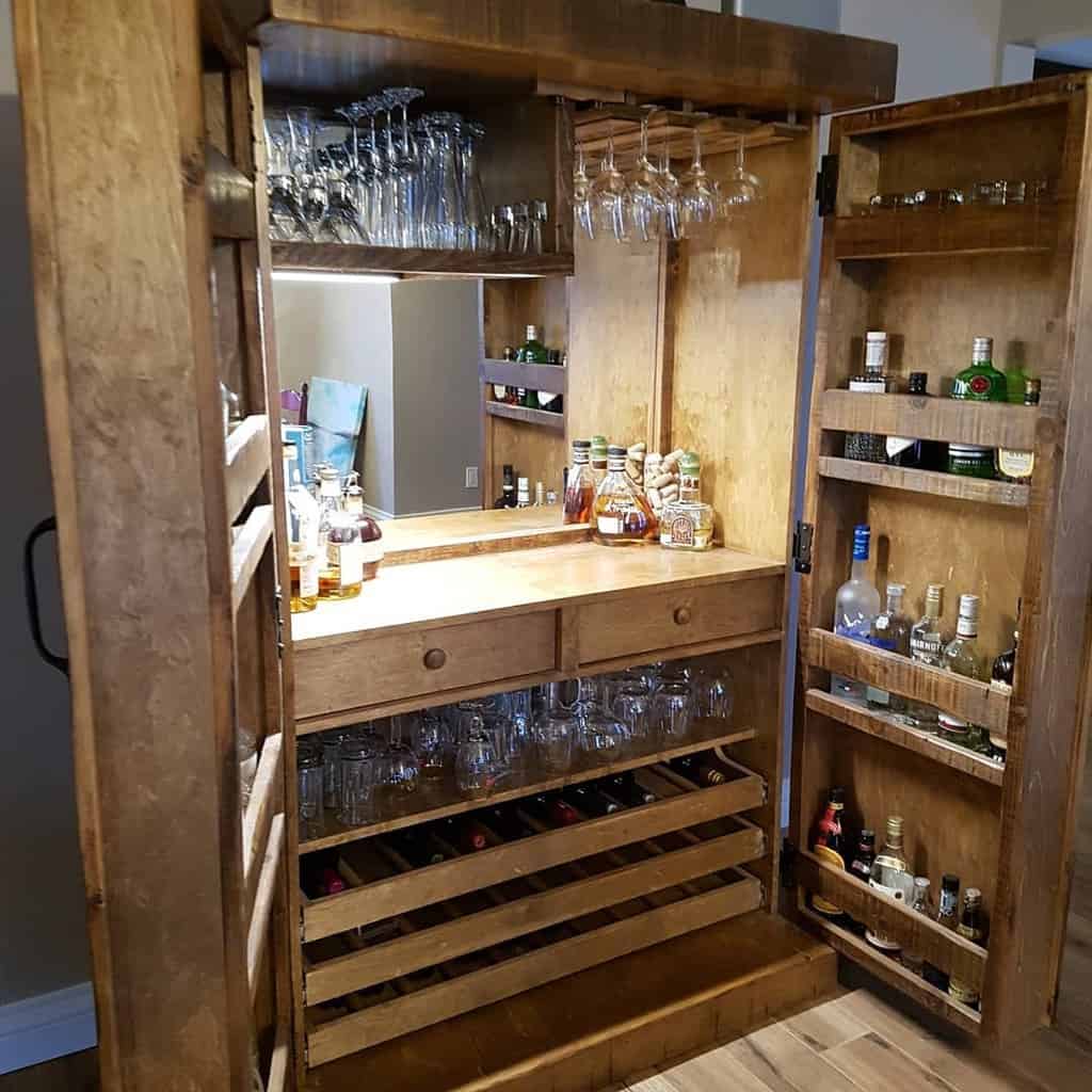 closet liquor wood cabinet hanging glasses
