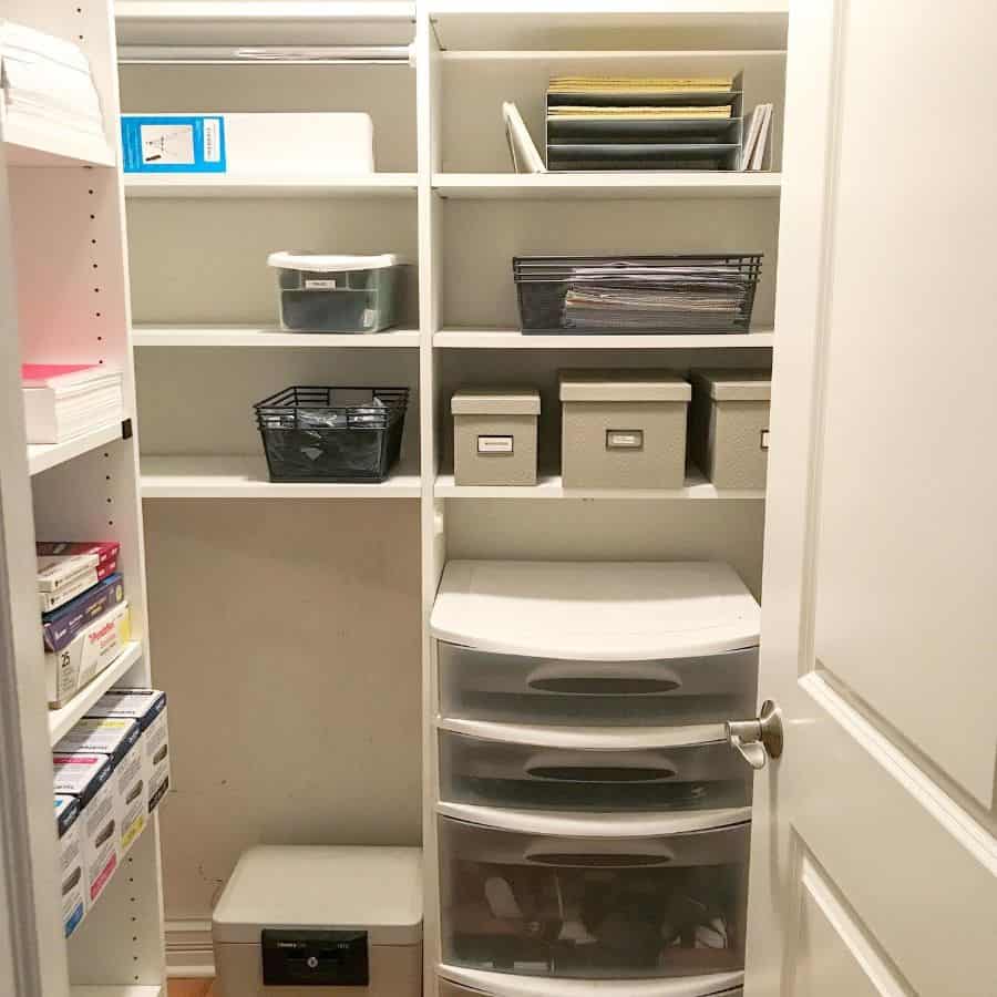 multiple office storage unites and shelves in closet