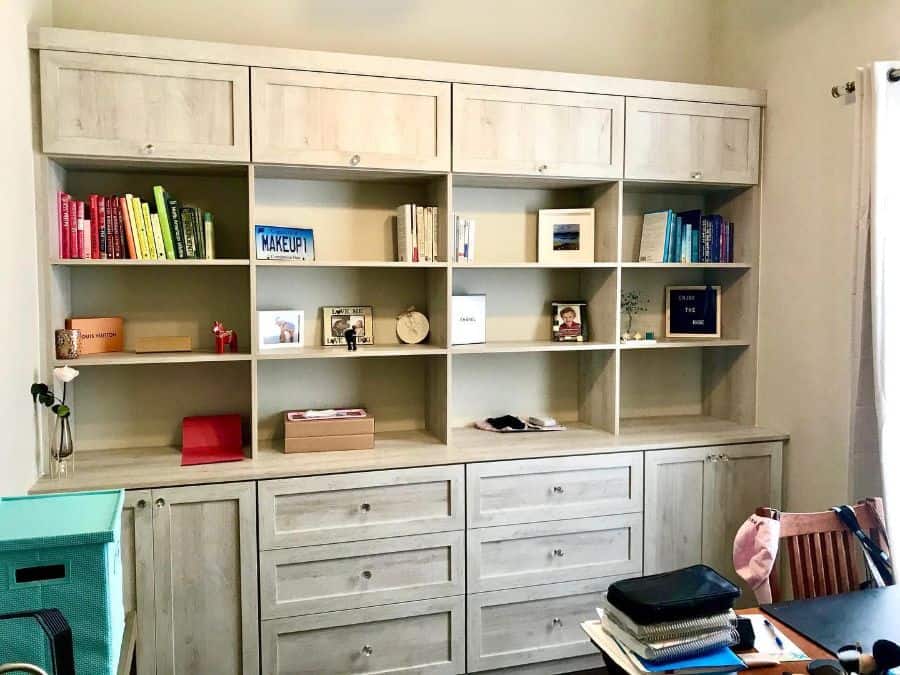 large gray wood cabinet with shelves storage unit home office