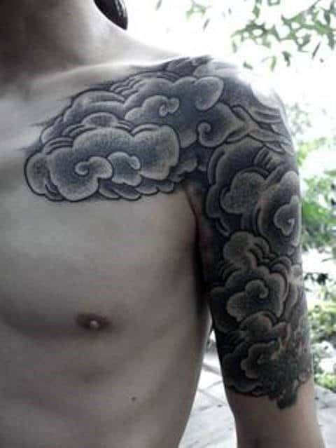 Cloud Male Half Sleeve And Chest Tattoo With Dotwork Design