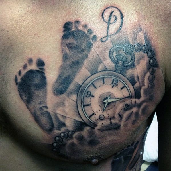 Cloud With Pocket Watch And Footprints Mens Upper Chest Tattoo