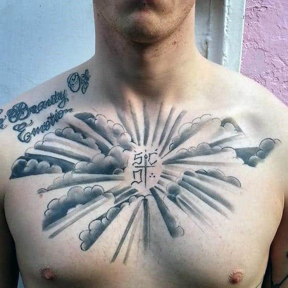 Clouds Guys Black And Grey Ink Shaded Upper Chest Tattoo