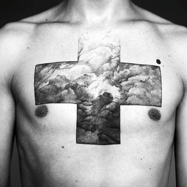 Clouds Heaven With Cross Mens Badass Upper Chest Tattoo