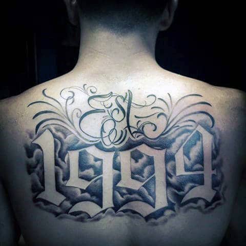Clouds With 1994 And Est Script Lettering Guys Back Tattoos