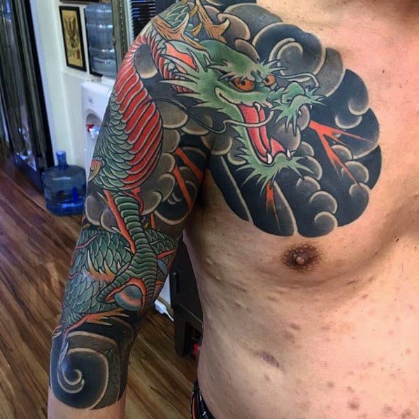Clouds With Dragon Japanese Male Half Sleeve Tattoo Ideas