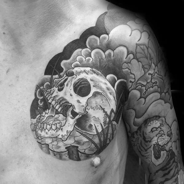 Clouds With Japanese Skull Chest And Arm Tattoos For Men